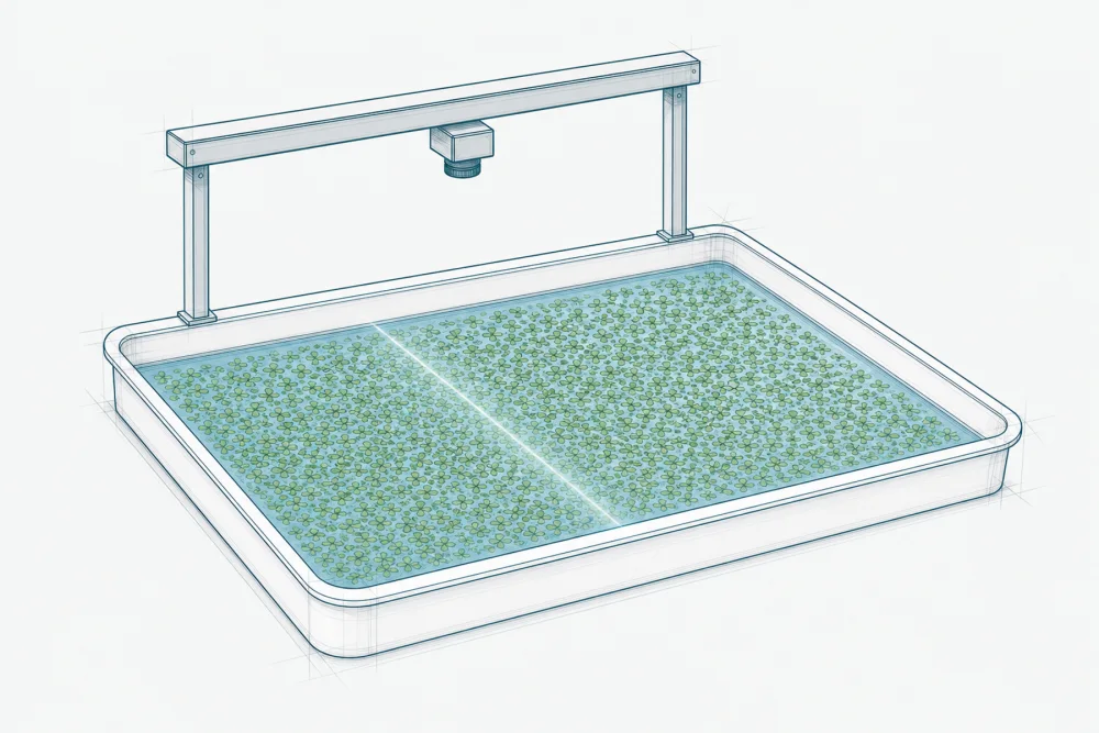 Concept sketch: an overhead sensing bar on a rail reading the duckweed canopy in a single cultivation tray