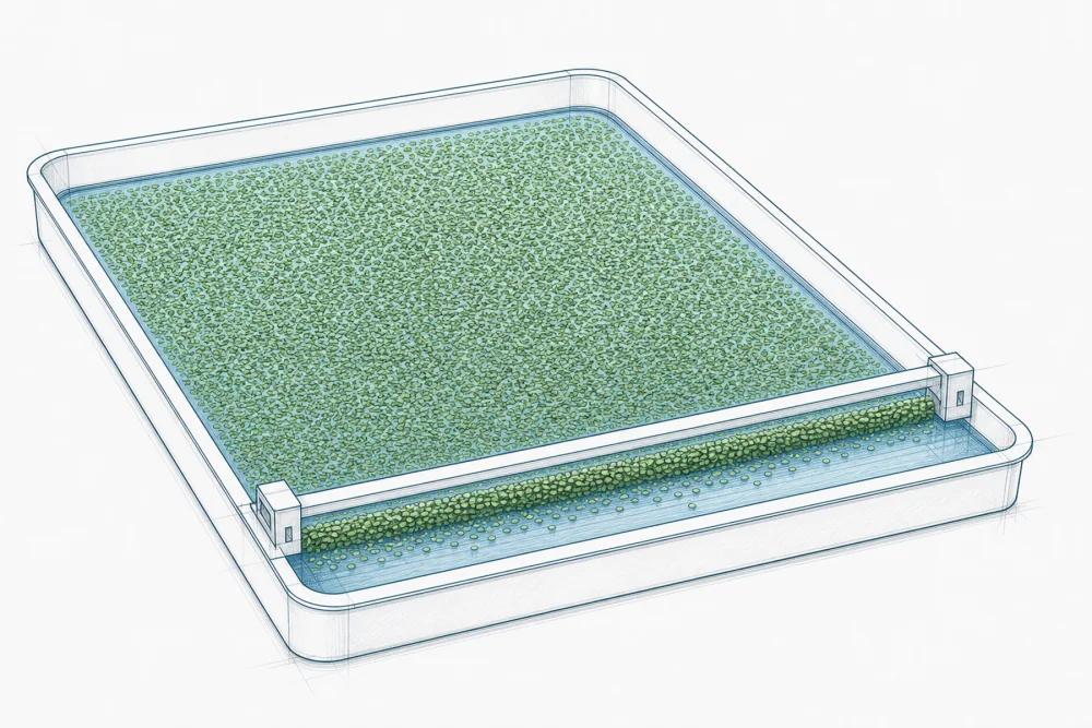 Concept sketch: a skimmer bar sweeping duckweed across a tray into a harvest windrow