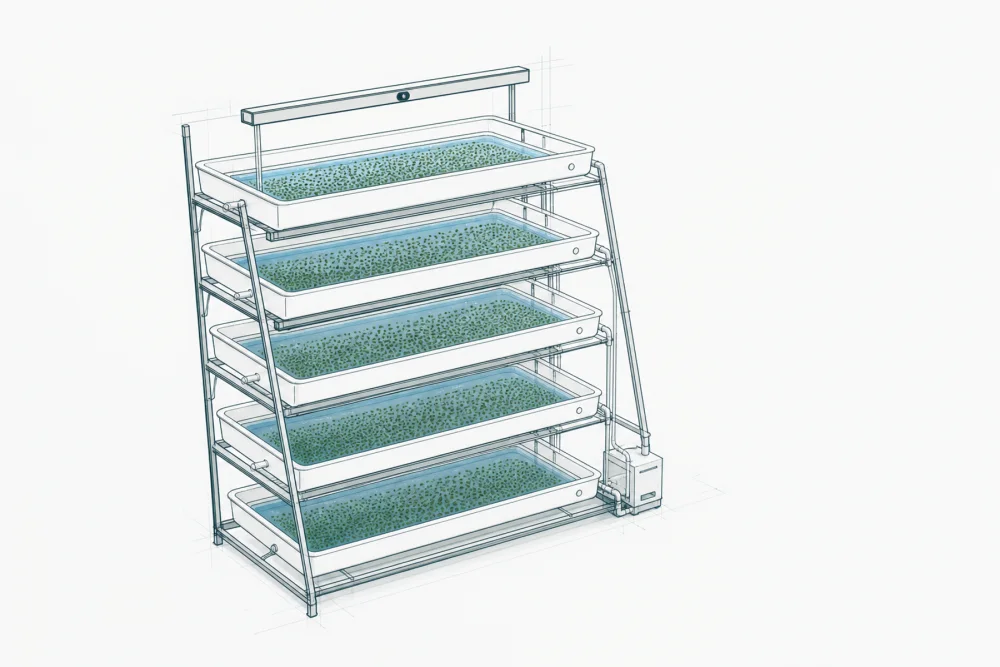 Concept sketch: a multi-tier rack of duckweed trays with an overhead camera and circulation pump