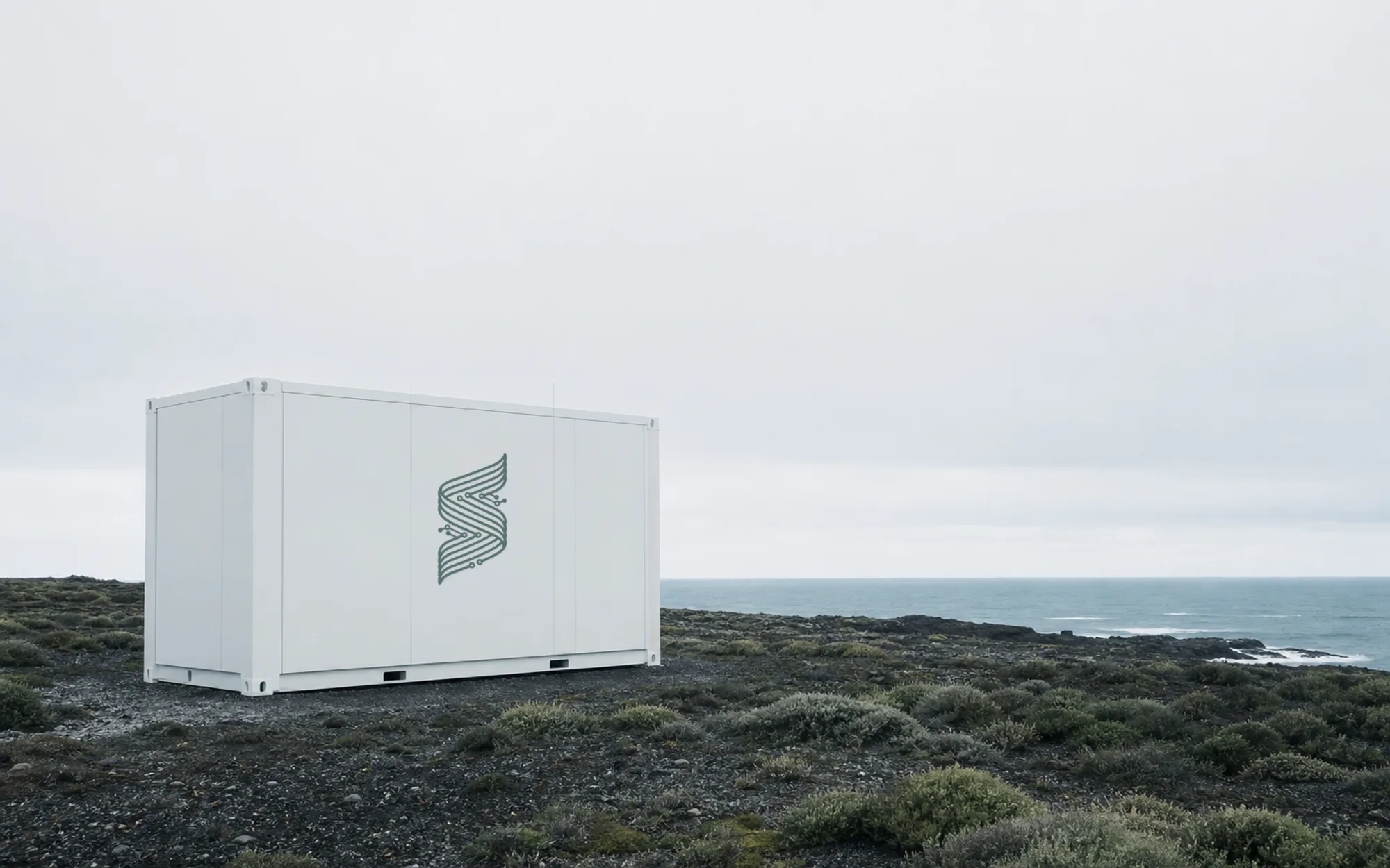 A white modular SERAPH cultivation unit standing on a volcanic coastline above the sea, with the SERAPH mark on its side