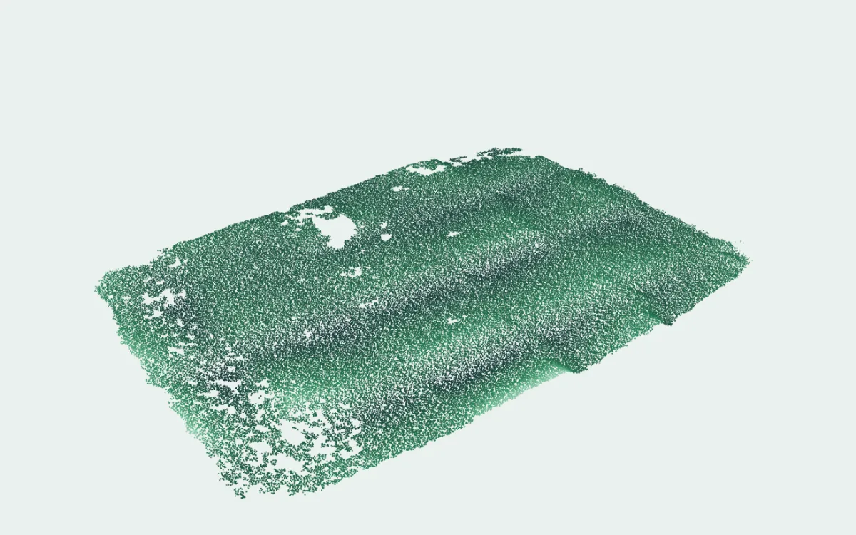 A duckweed cultivation tray reconstructed in 3D by SERAPH's vision system, shaded by canopy height